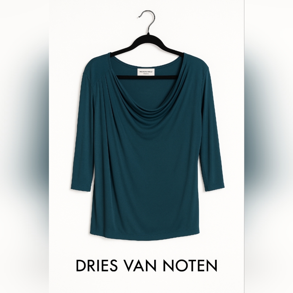 Dries Van Noten Teal Drape Neck Long Sleeve Blouse